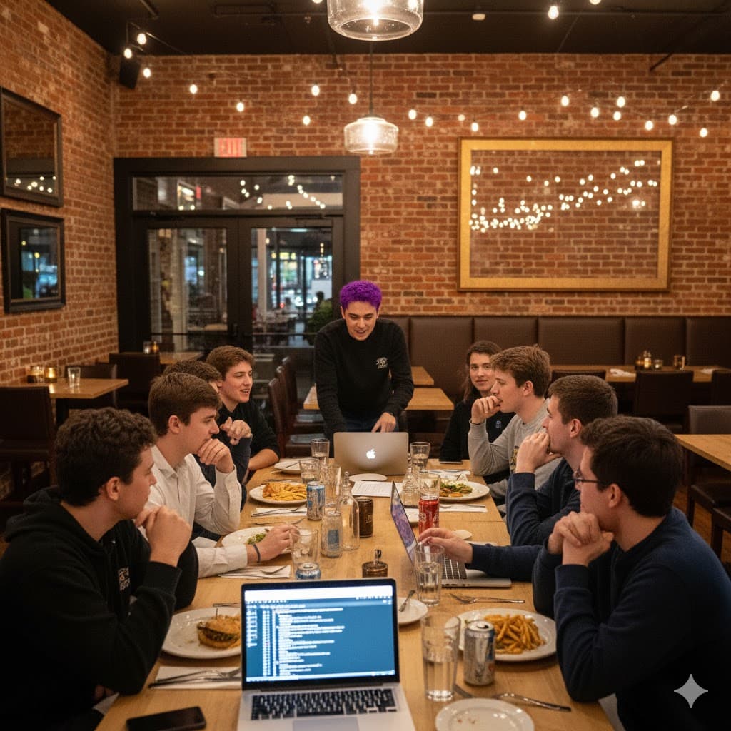 Startup founders networking at dinner event