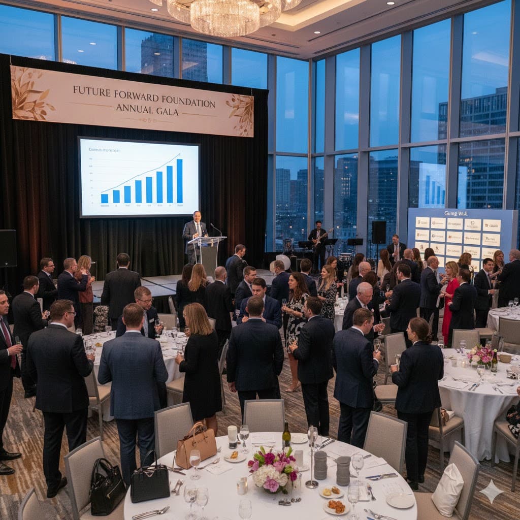 Professional fundraiser event with city skyline views