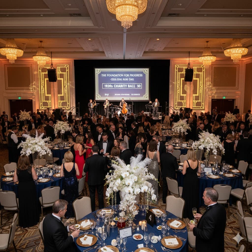 Elegant gala dinner with round tables and chandeliers