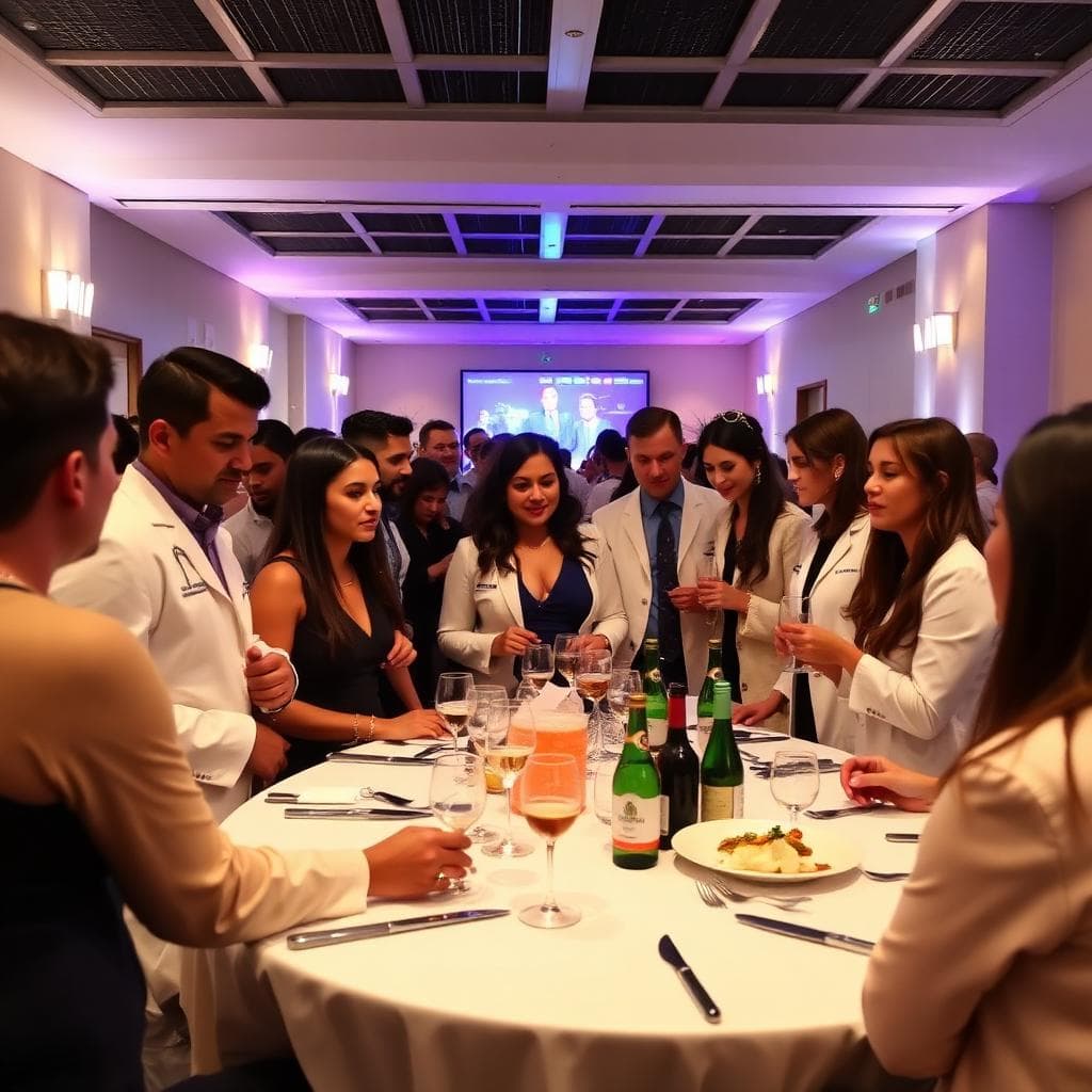 Medical students in white coats at formal dinner